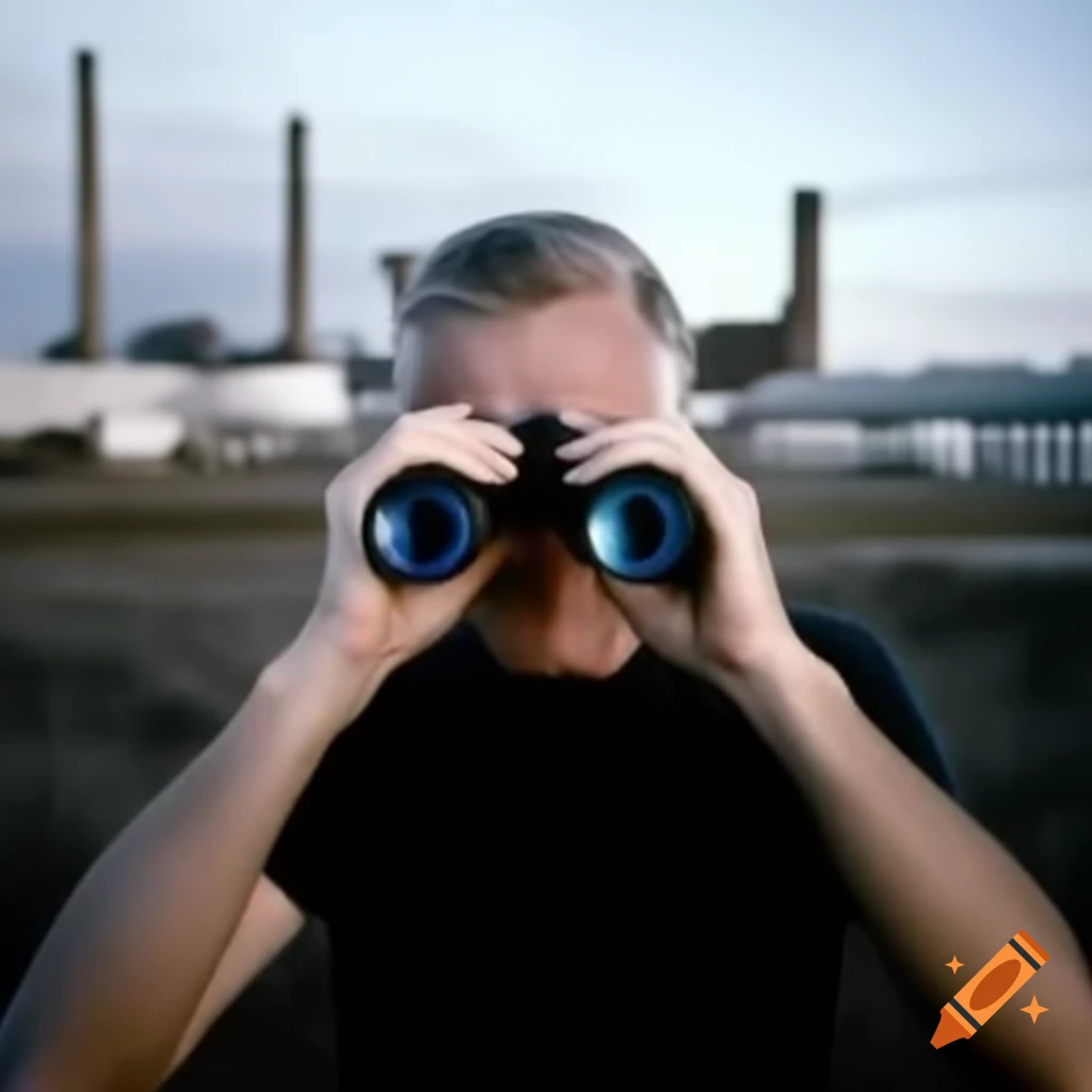 Man using binoculars to search for a movie in front of a dream factory