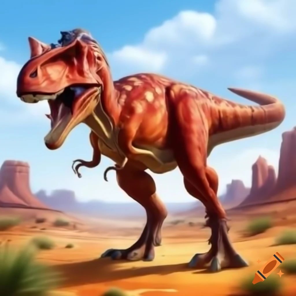 Red Allosaurus standing in desert landscape