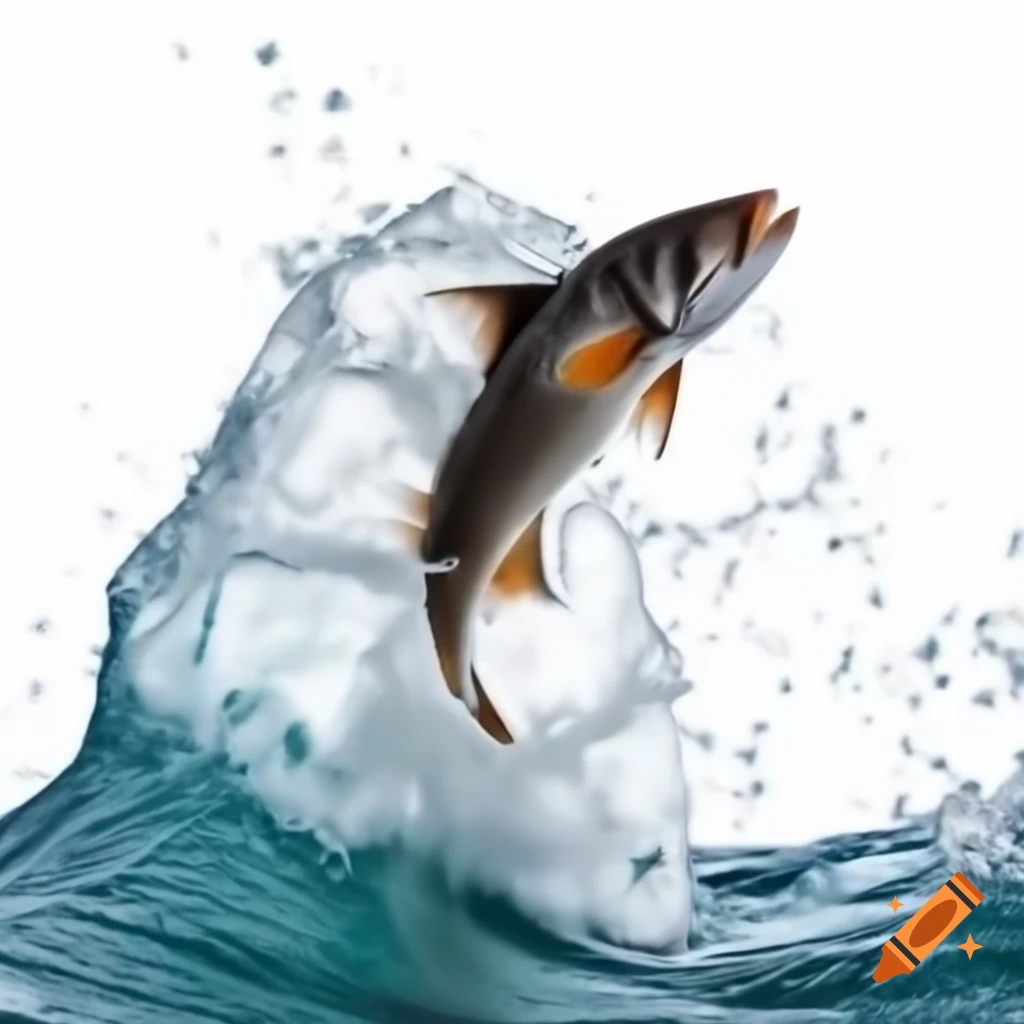 Yellow aquarium fish jumping from crashing wave on white background