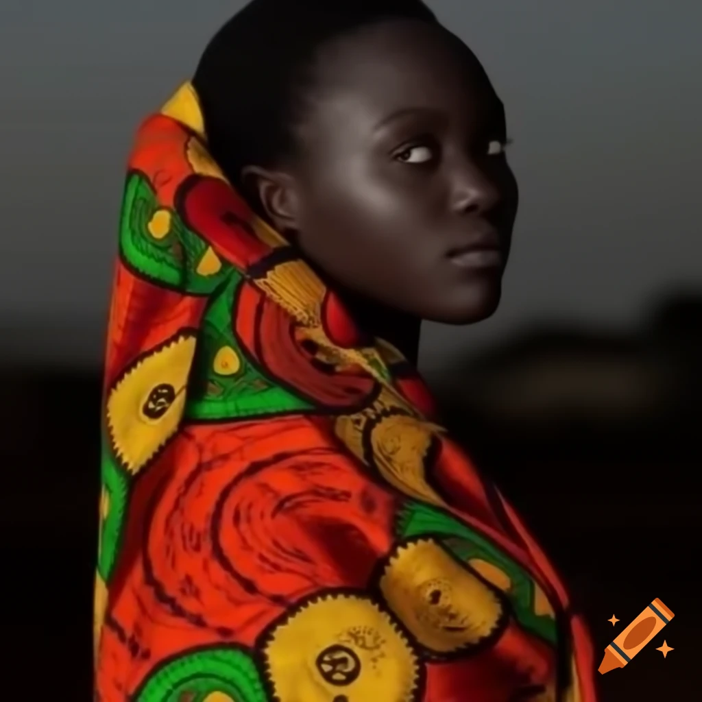 African woman in vibrant Ankara wrapper with curious gaze at sunset on ...