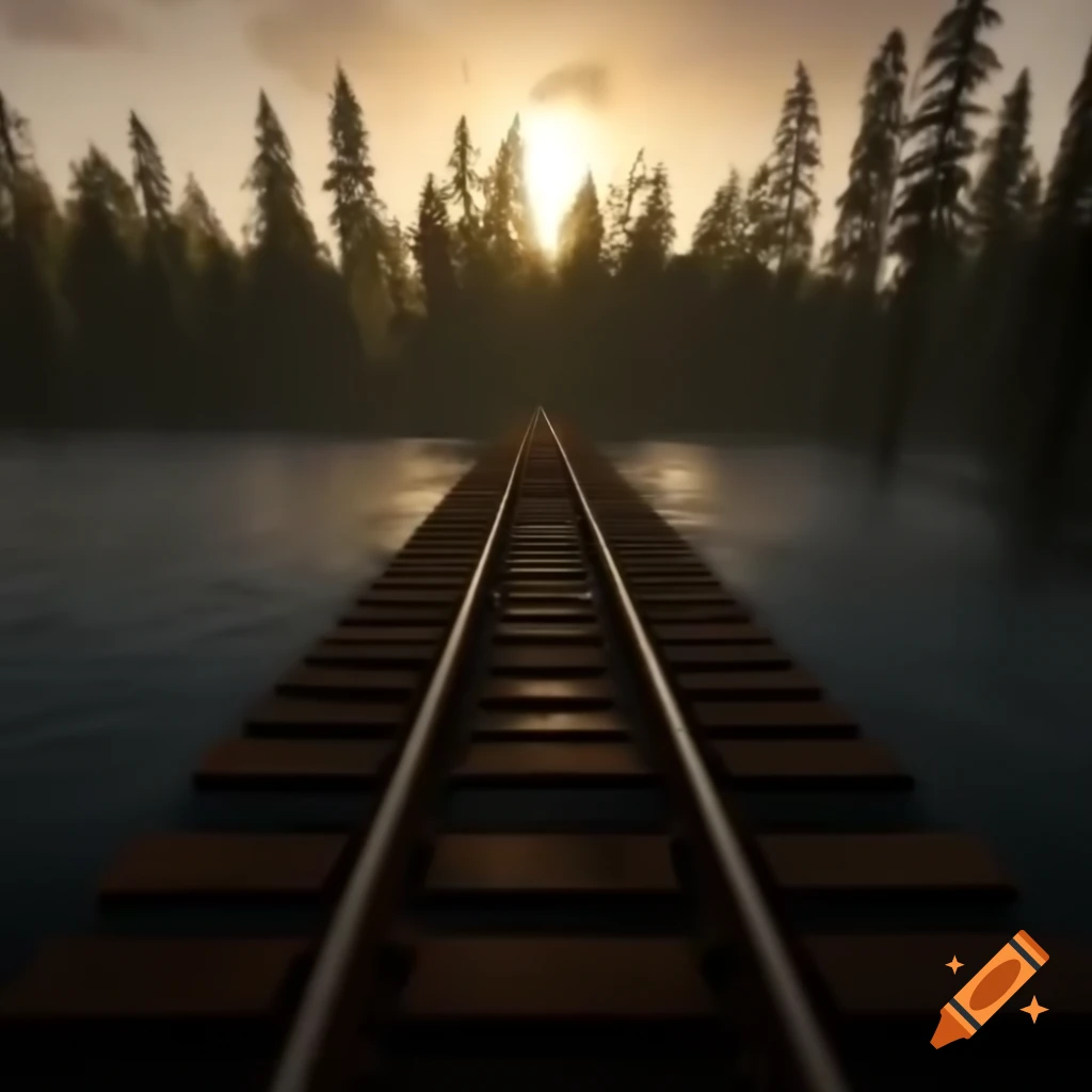 Old railroad bridge over deep river in dense forest on Craiyon