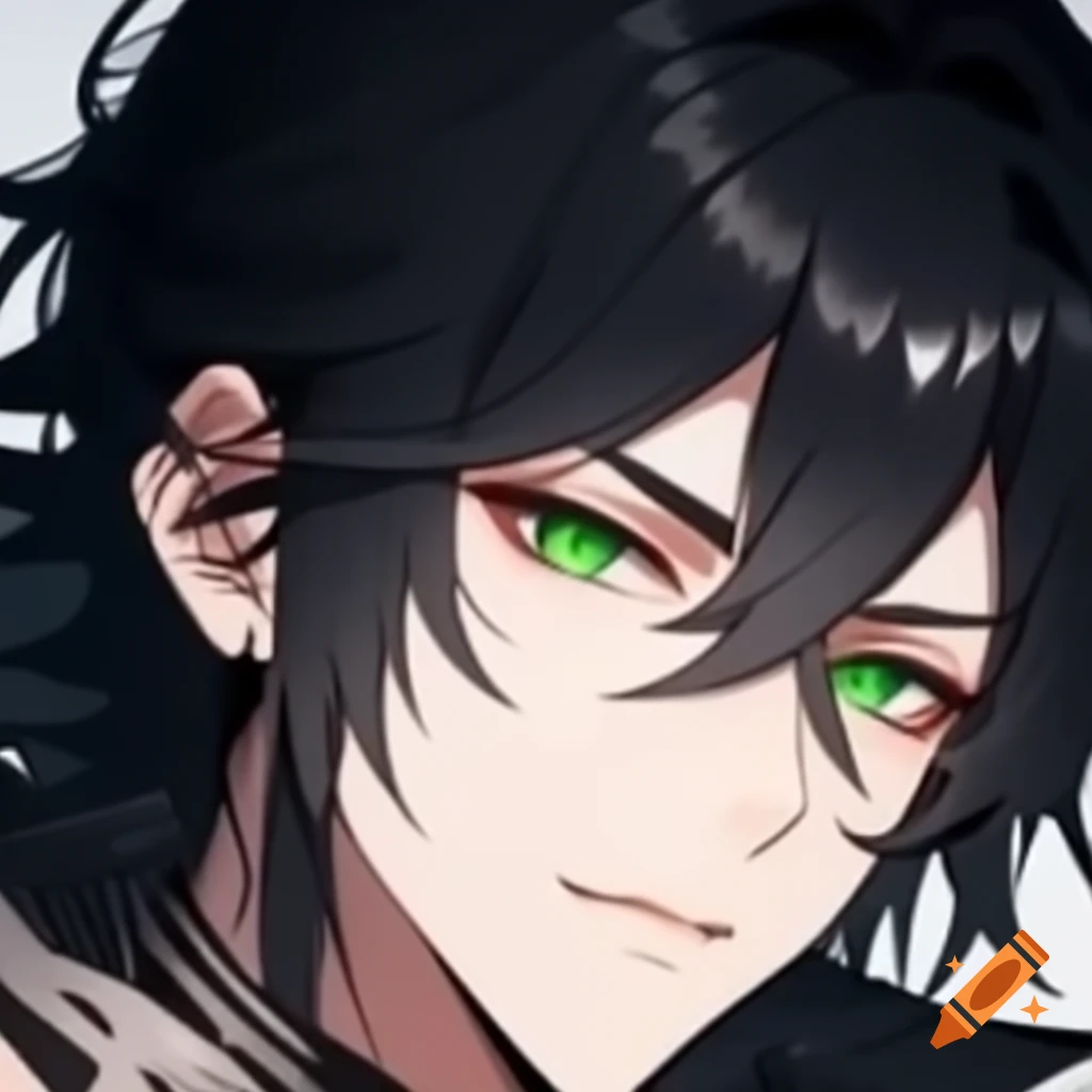 Anime male character with black braided hair and green eyes on Craiyon