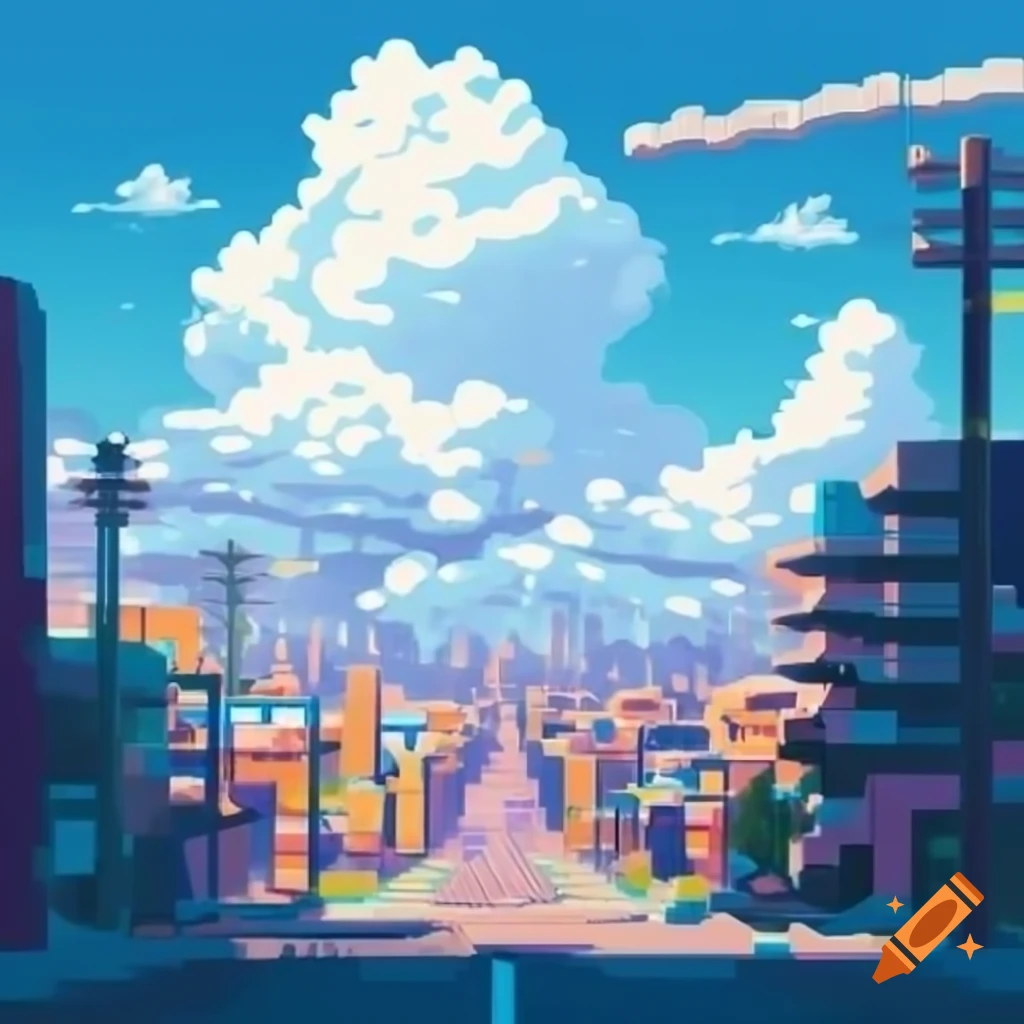 Bright pixel art cityscape with pastel buildings and light blue sky