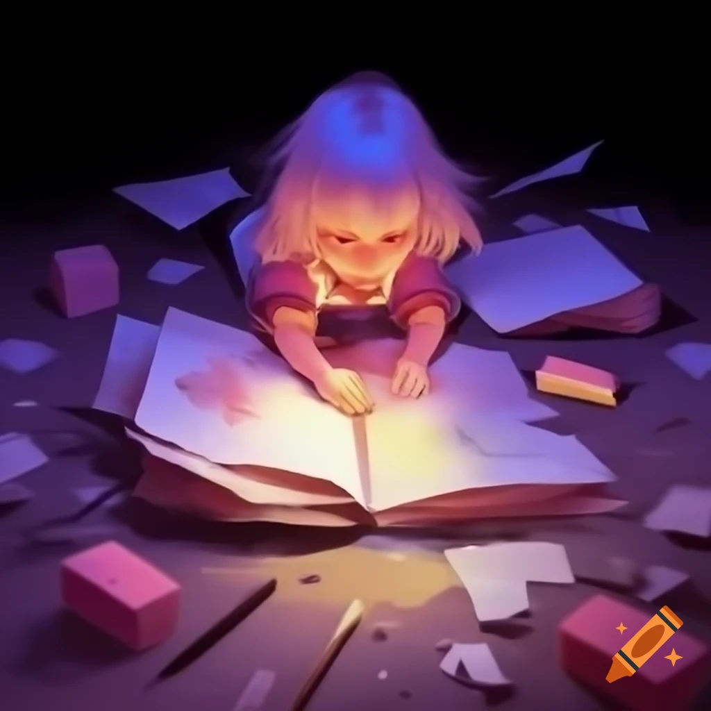 Crumpled child drawings in pastel hues with a glowing golden sketch and scattered pencils