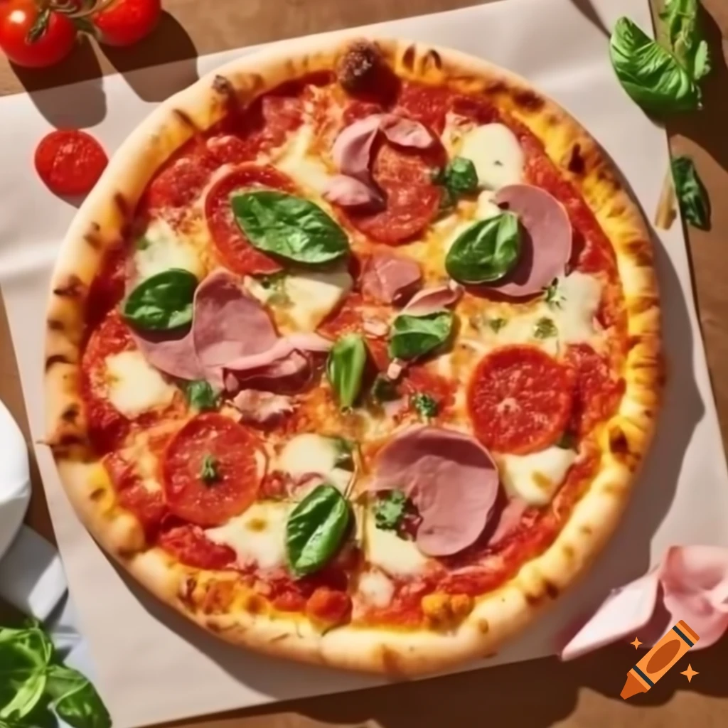 Delicious capricciosa gourmet pizza with mushrooms, onion, basil, and ham