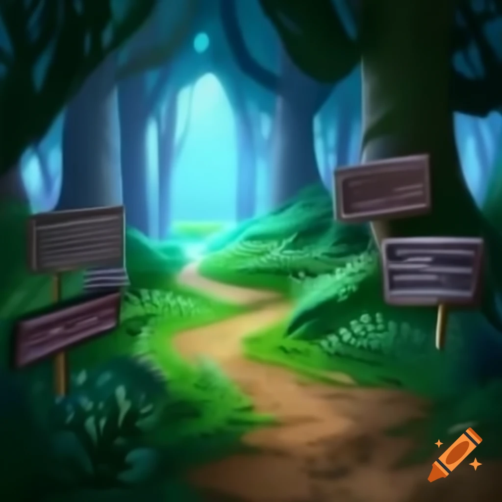 Winding path in glowing enchanted forest with directional signs and a monk