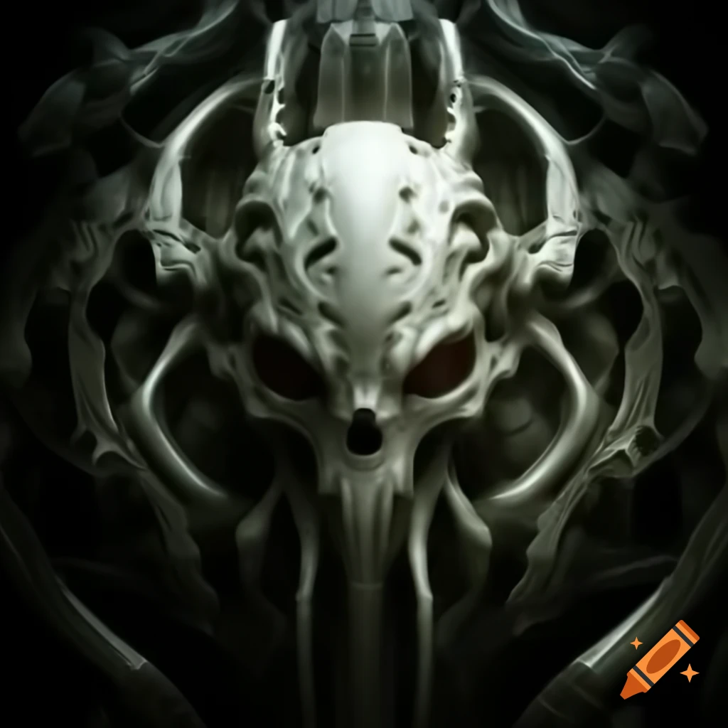 Fractal biomechanical Egyptian biohazard art on white alien skull