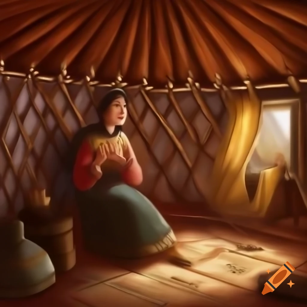Young Kazakh man in traditional yurt, captivated by singing, warm rustic lighting