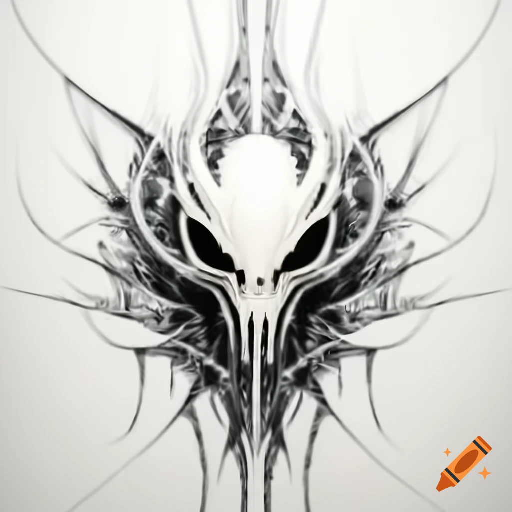 Fractal biomechanical Egyptian biohazard art on alien skull ink drawing