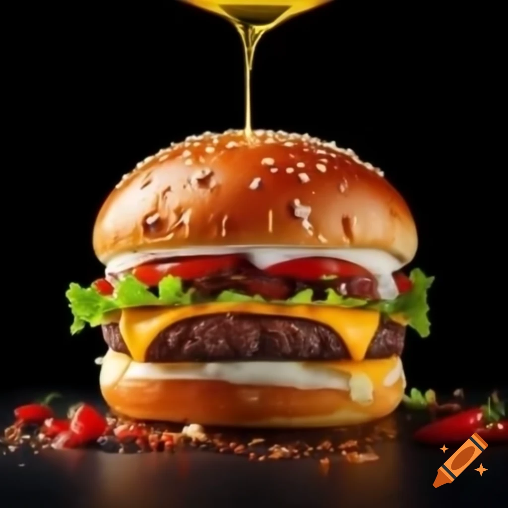 Juicy burger with golden bun, cheese, lettuce, and tomatoes on black background