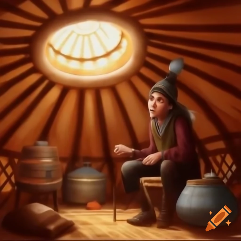 Young Kazakh man in traditional yurt, captivated by singing, warm rustic lighting