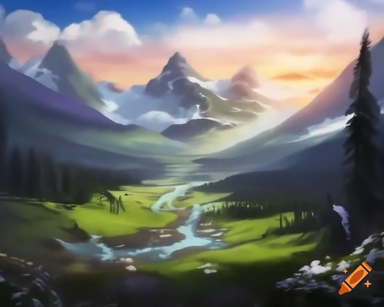 Majestic mountains and valleys with river at sunset on Craiyon