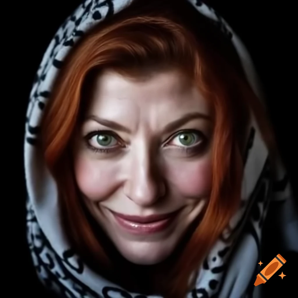 Alyson Hannigan with a scarf, presenting a sinister expression