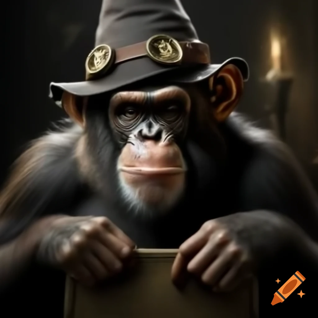 Frustrated intelligent ape wearing wizard's hat observing people ...
