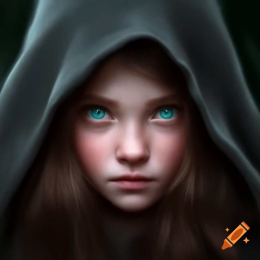Young elf woman with brown hair and hazel eyes in gray cloak and hood