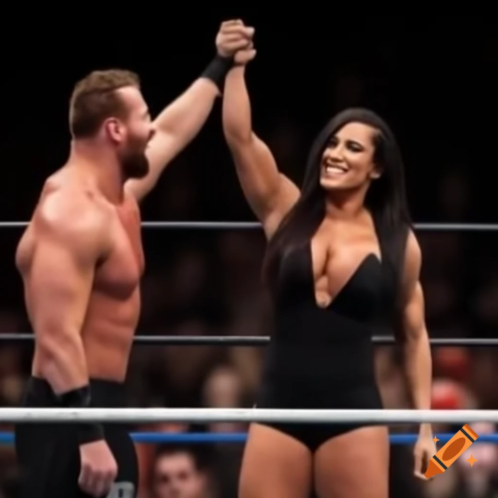 Strong woman triumphantly winning armwrestling match against distressed man