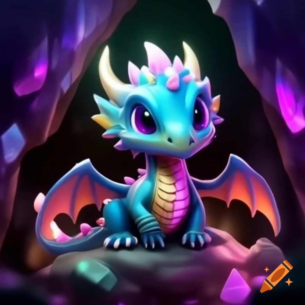 Mystical dragon in cave with rainbow-colored crystals on Craiyon
