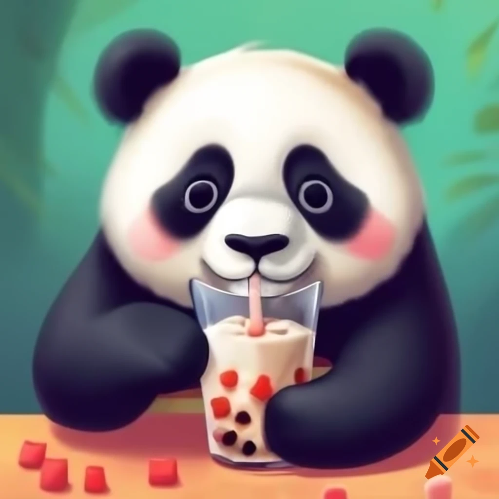 Cheerful panda enjoying boba tea with sparkling eyes