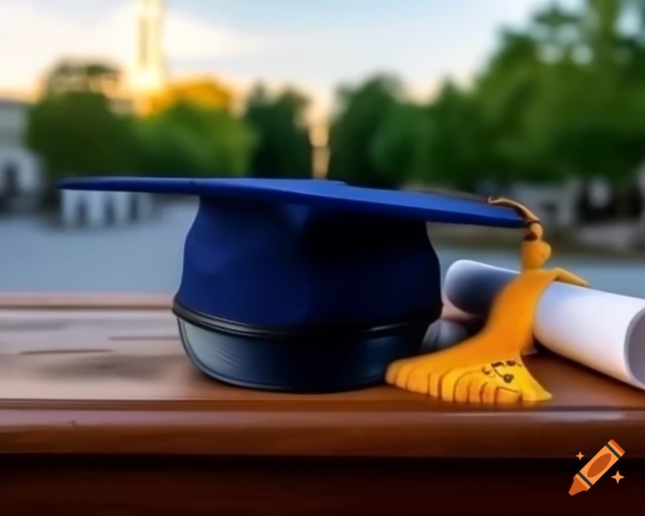 Navy blue graduation cap and gown with yellow tassel on wooden surface ...