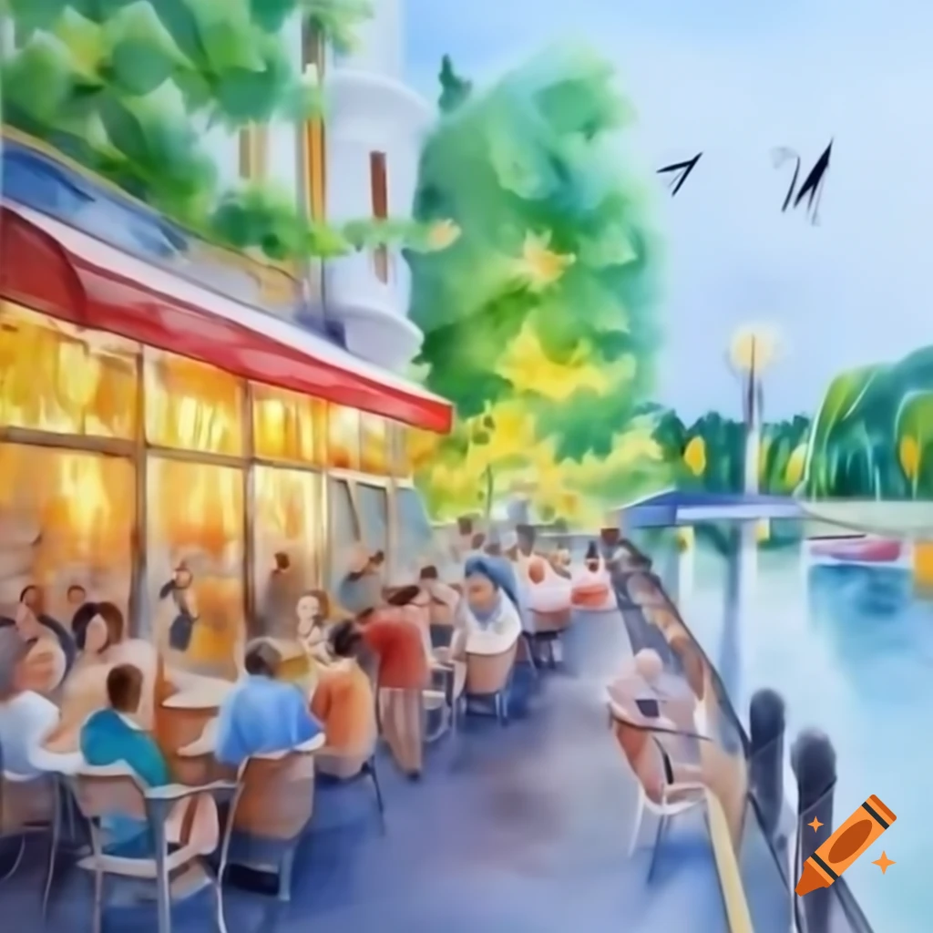 Vibrant Riverside Vibrant riverside bistro with twinkling lights and boats passing by on ...