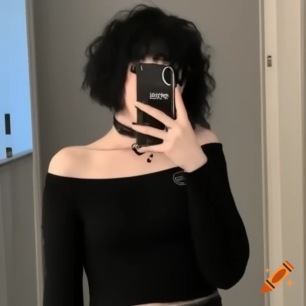 Goth girl with curly black hair in off-shoulder sweater taking mirror selfie