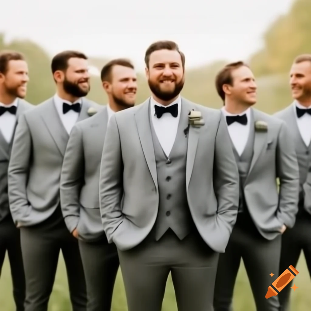 Groomsmen in grey themed attire posing together