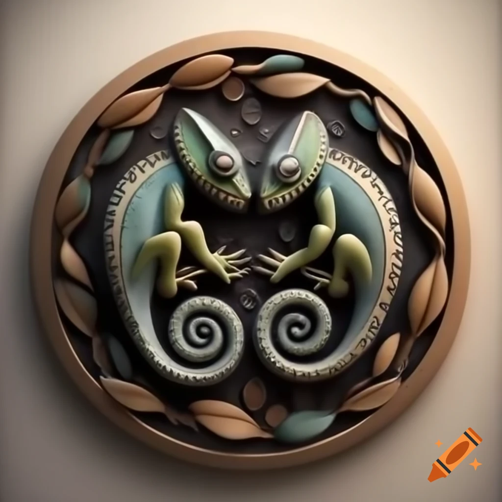 Intricate seal featuring intertwined chameleons with changing colors on ...