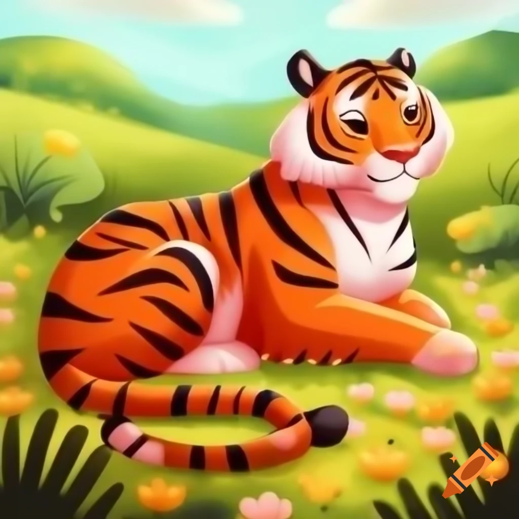Majestic tiger lounging in flower-filled meadow during spring