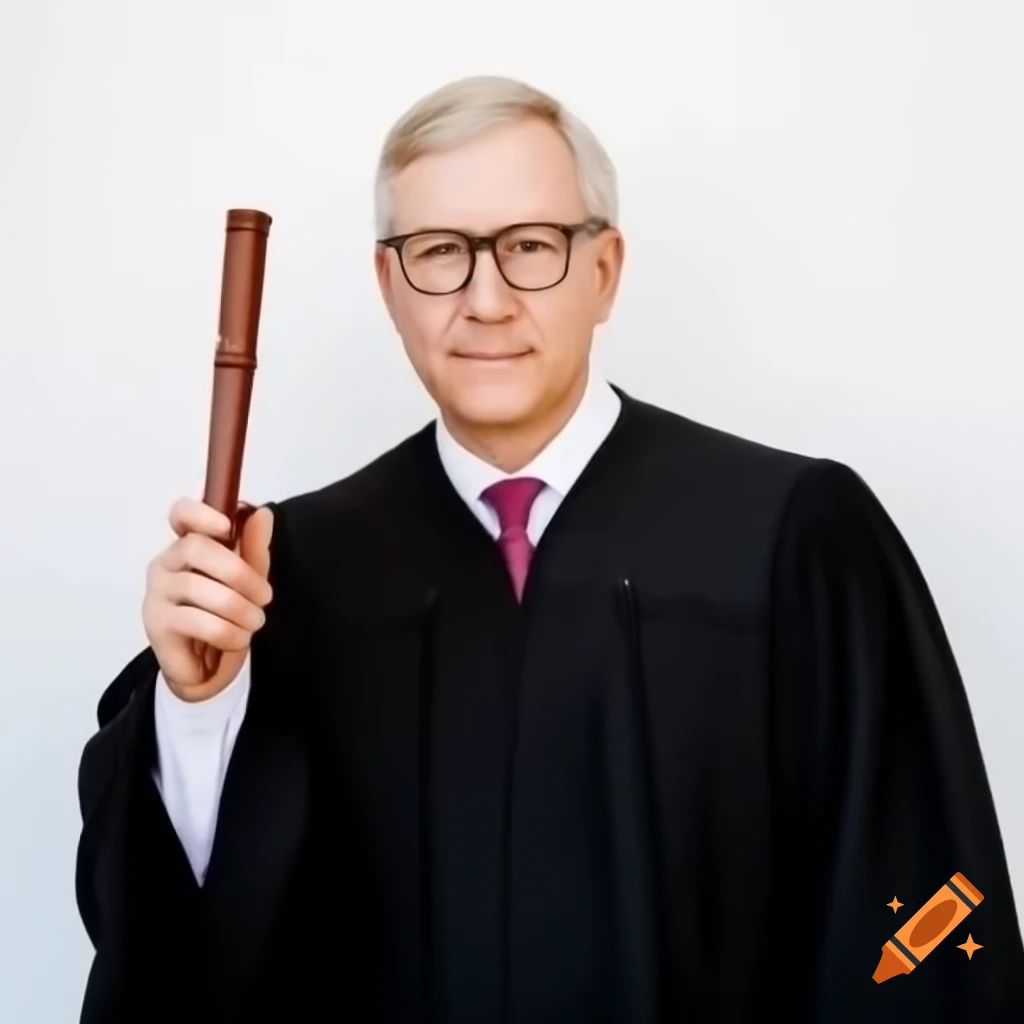 Judge with verdict and law book on white background