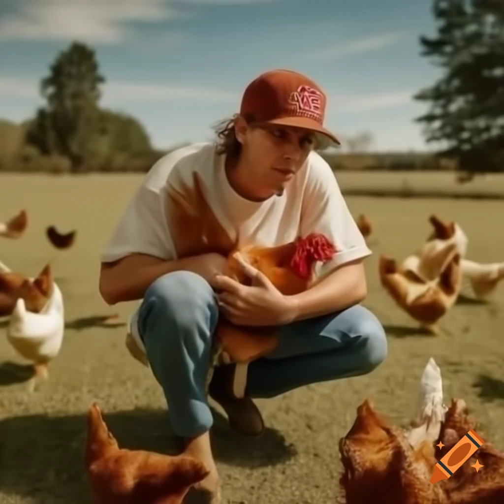 Country rapper performing among chickens