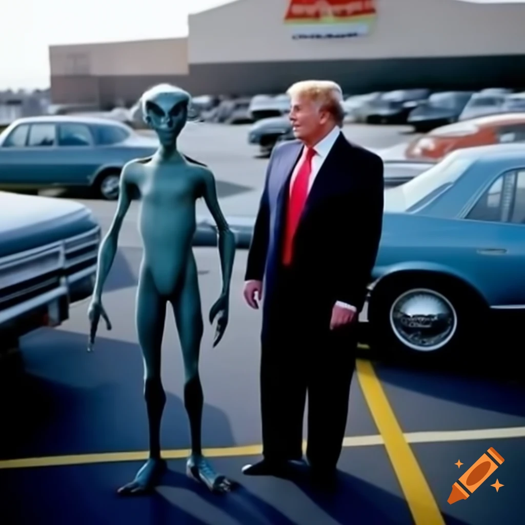 Aliens meeting Donald Trump in Walmart parking lot with Popeyes nearby