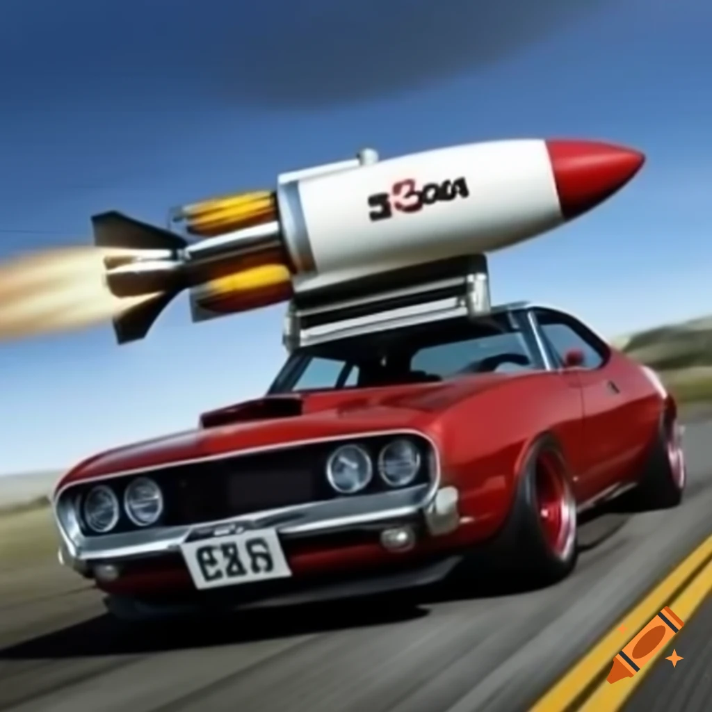 Vintage car equipped with rocket engine on Craiyon