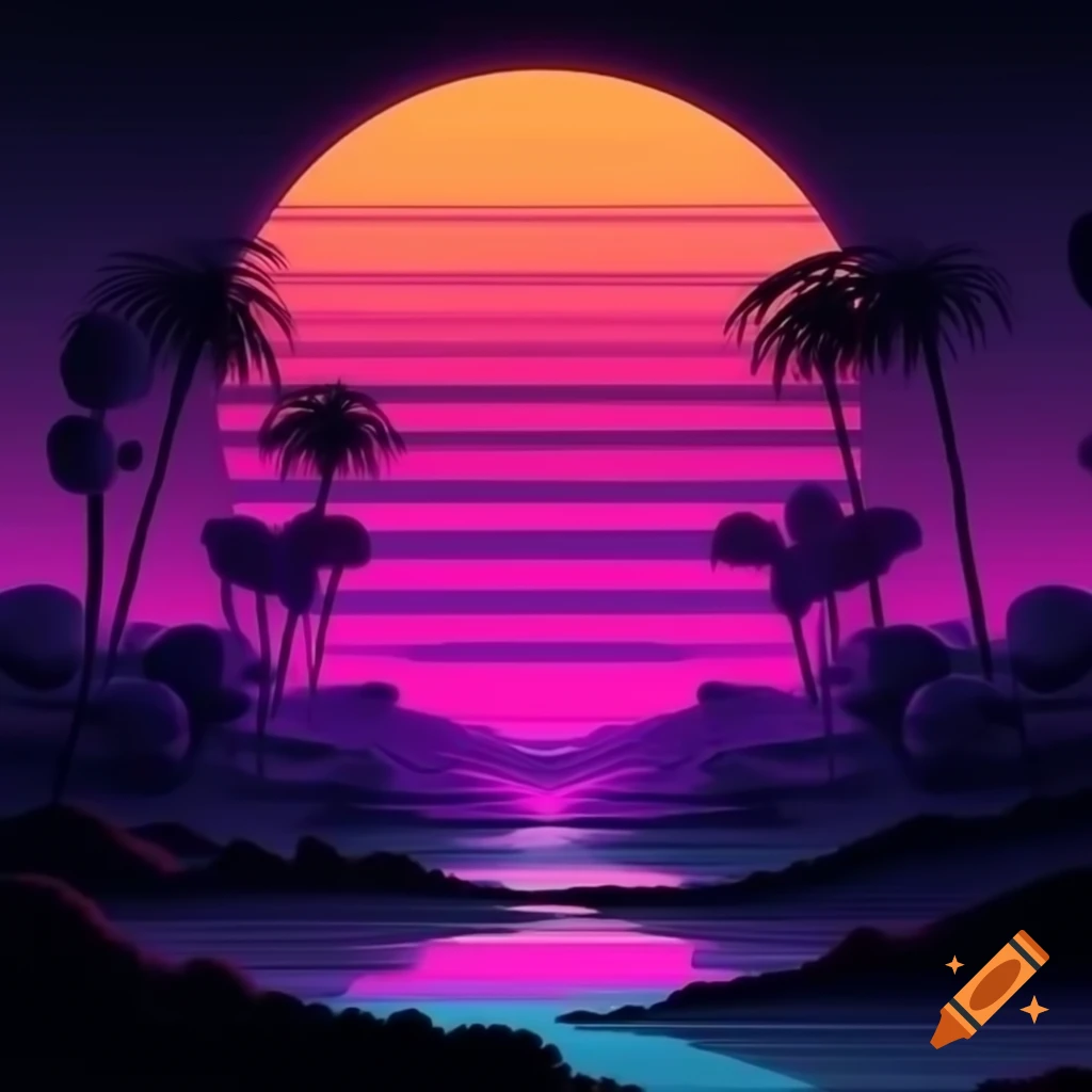 Retro 90s vaporwave sunset with palm trees in neon pink and purple hues