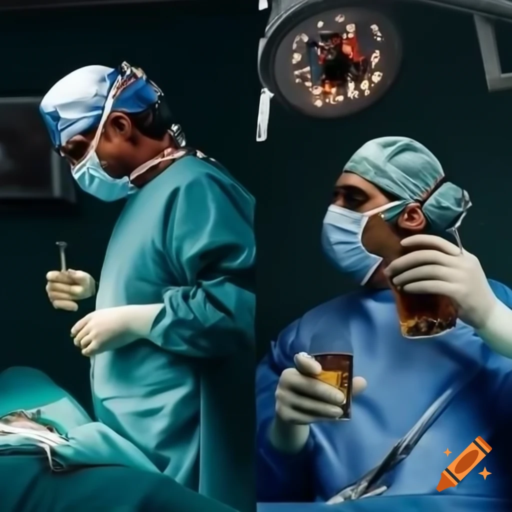 Contrasting images of surgeon's steady hands with scalpel and shaky hands with whiskey glass