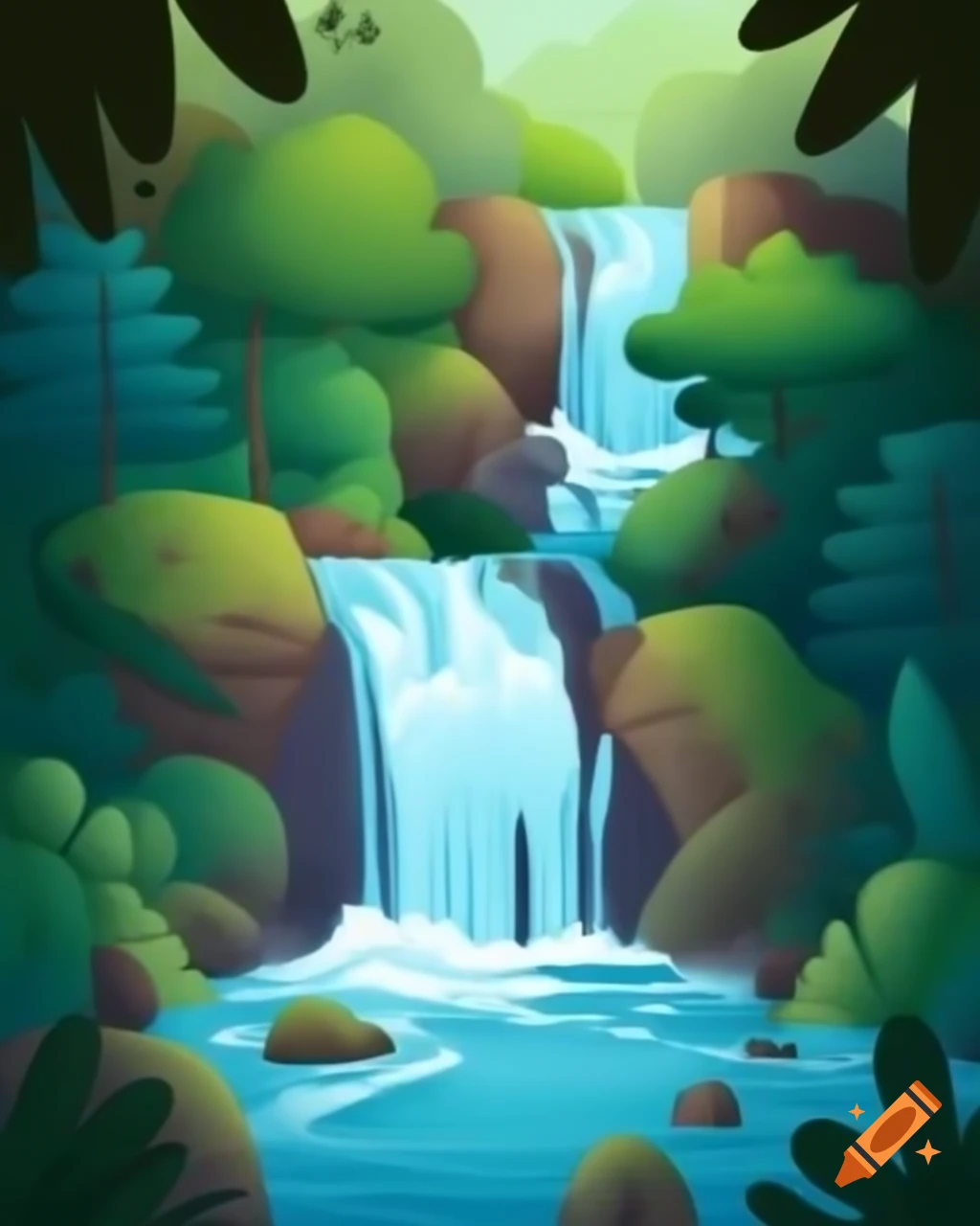 Cartoon portrait of a forest waterfall