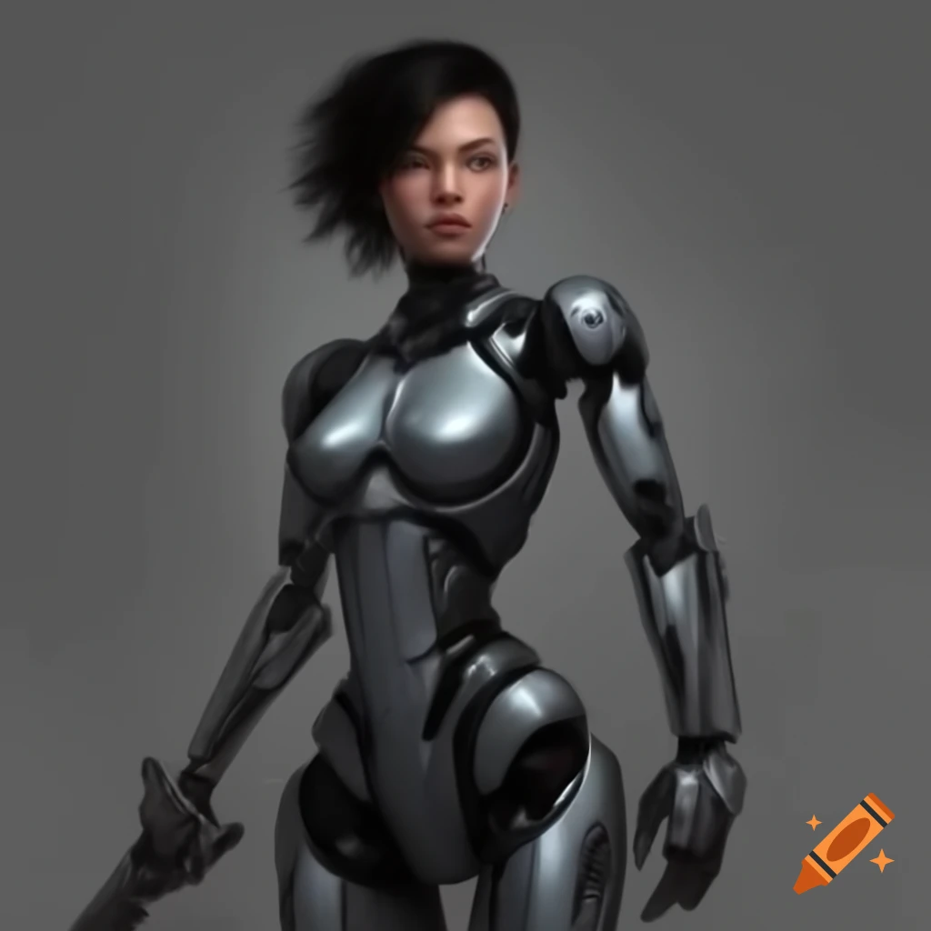 Cyborg girl with sword facing backwards, full body concept art