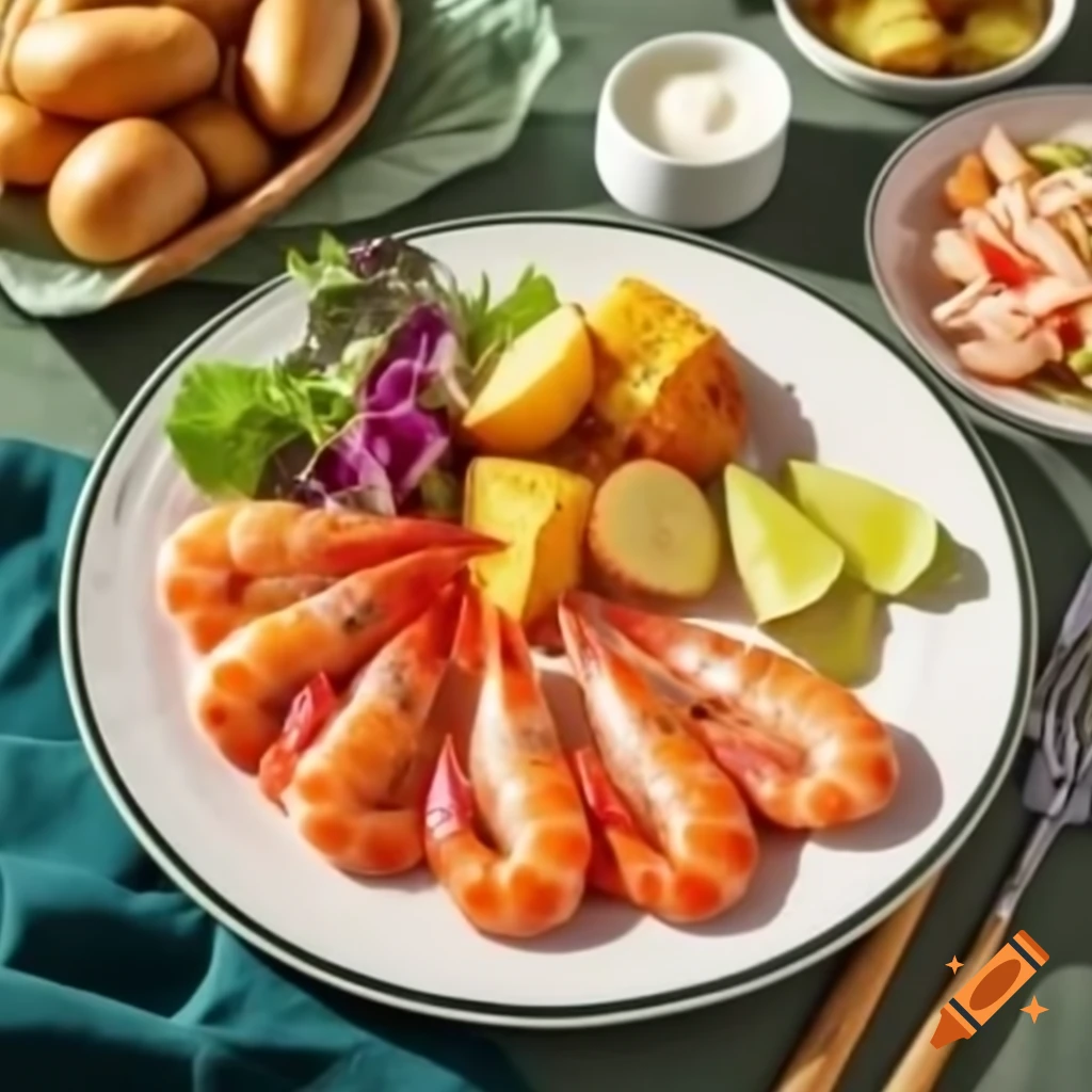 Plate of prawns with potatoes, vegetables, and salad