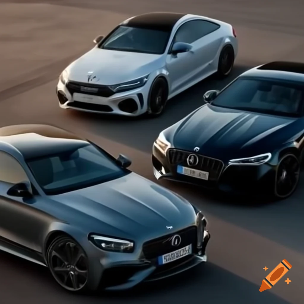 Three sedans: Audi, Mercedes, and BMW in gray, black, and red with a matching background