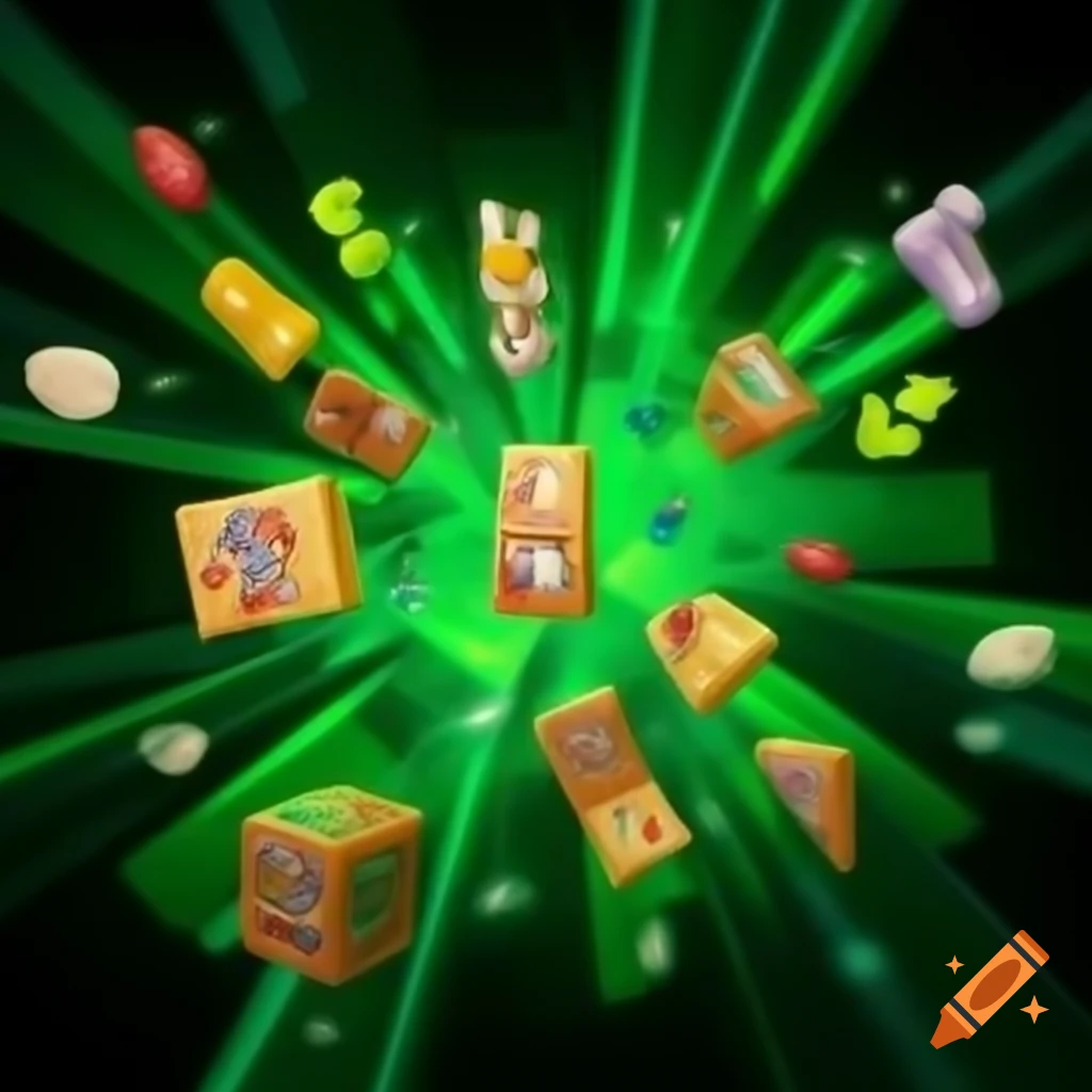 Vibrant explosion of board game pieces and meeples creating a whirlwind of gaming joy