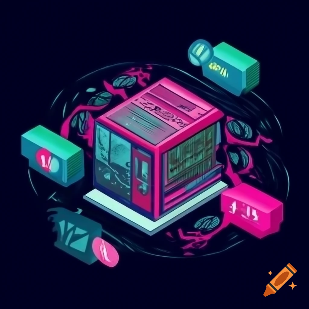 Illustration of computer screen with social media icons connected by colorful lines