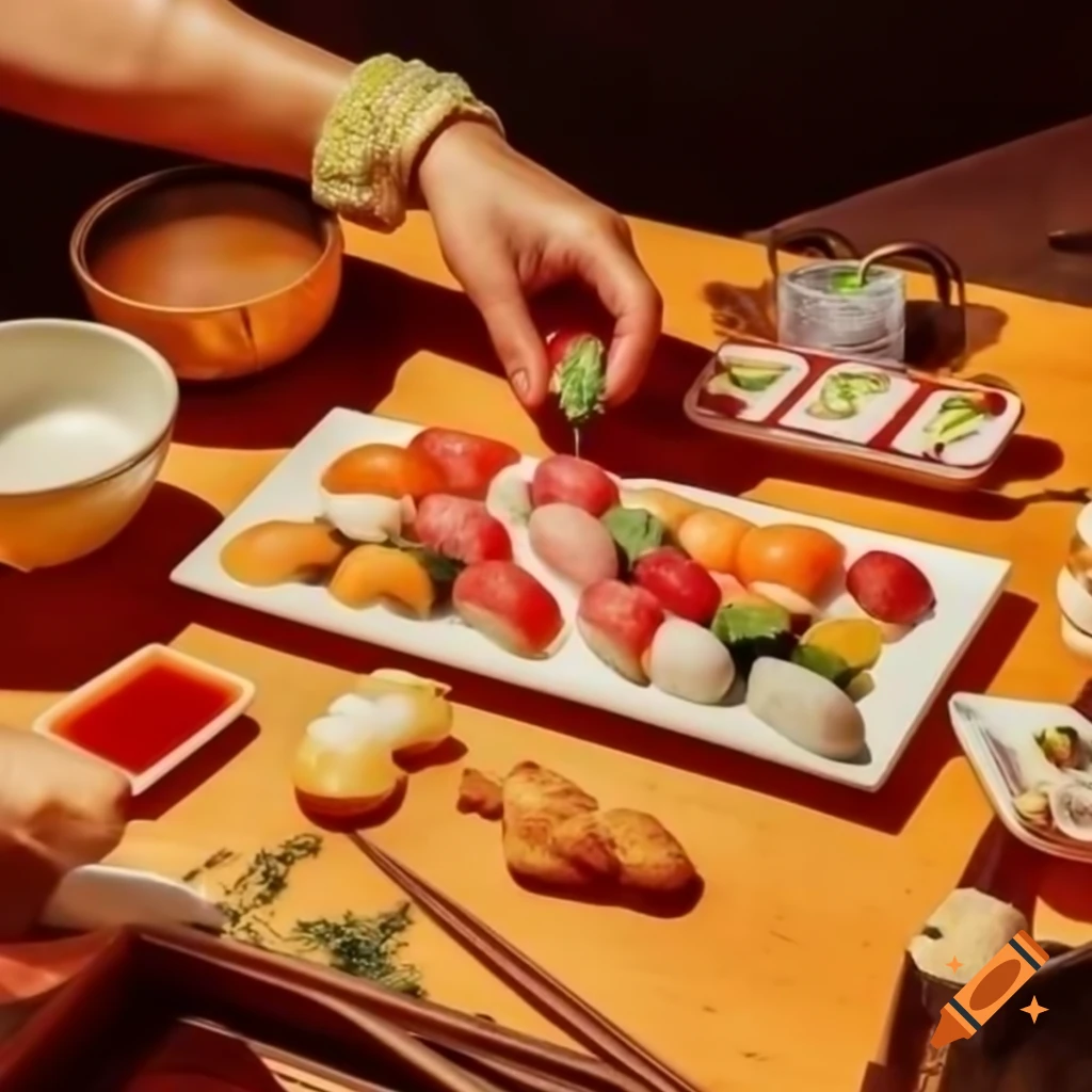 Chinese noodle dish with sushi and dipping sauce
