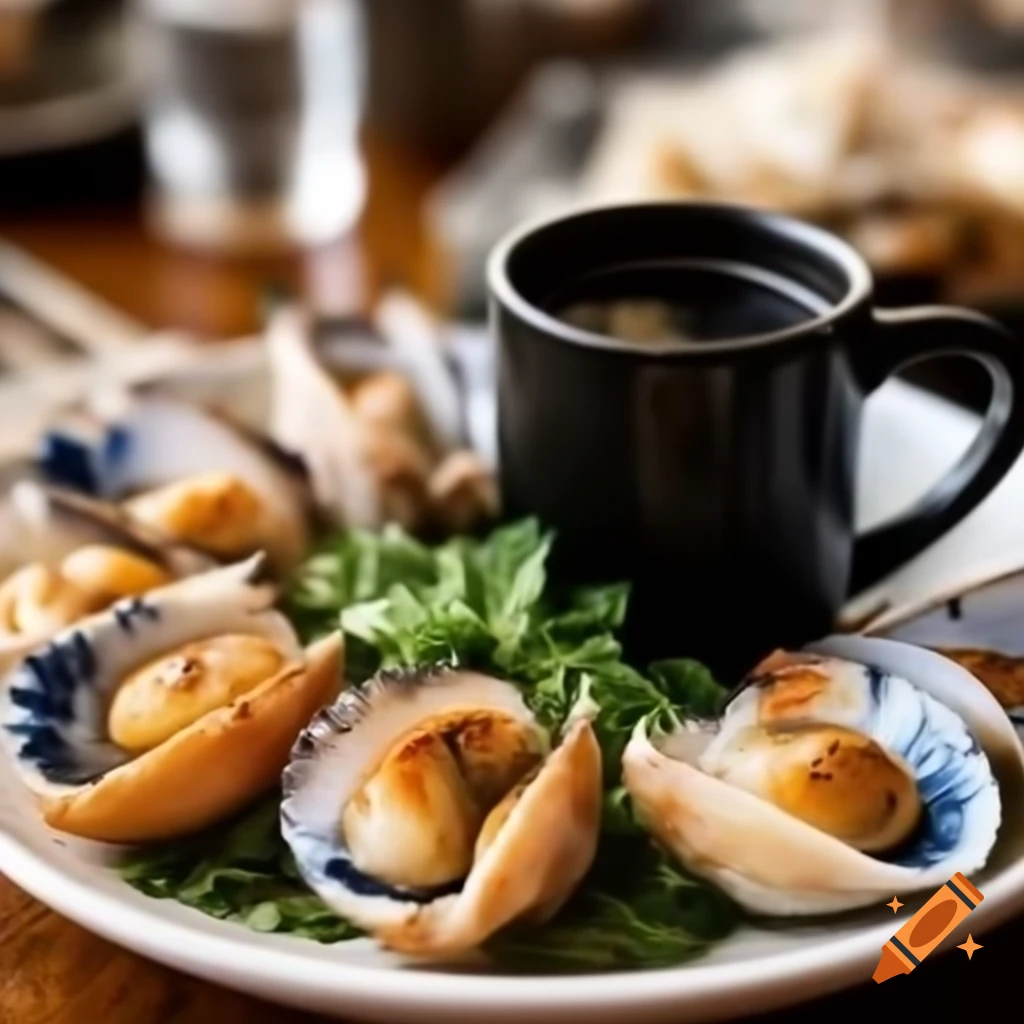 Baked sea scallops with black coffee at seafood restaurant on boardwalk