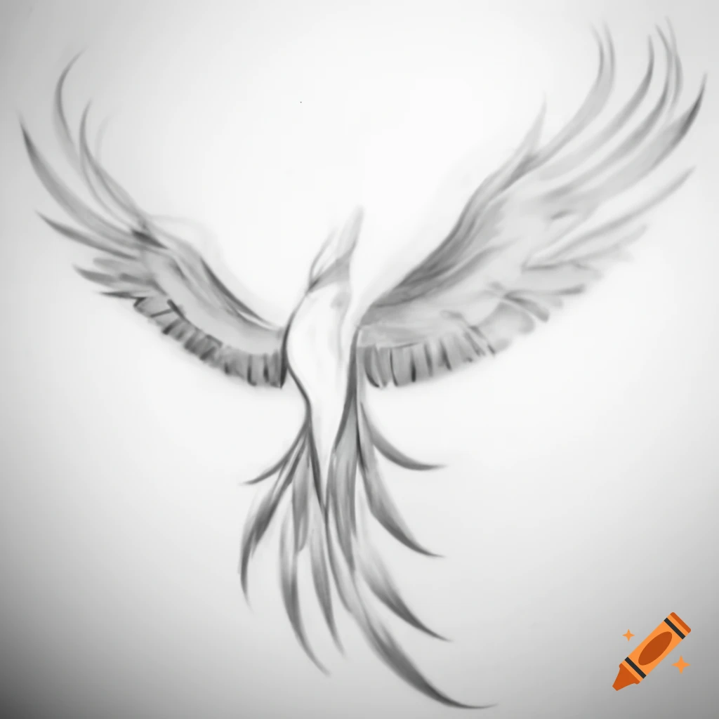 Minimalistic pencil sketch of phoenix flying from top view