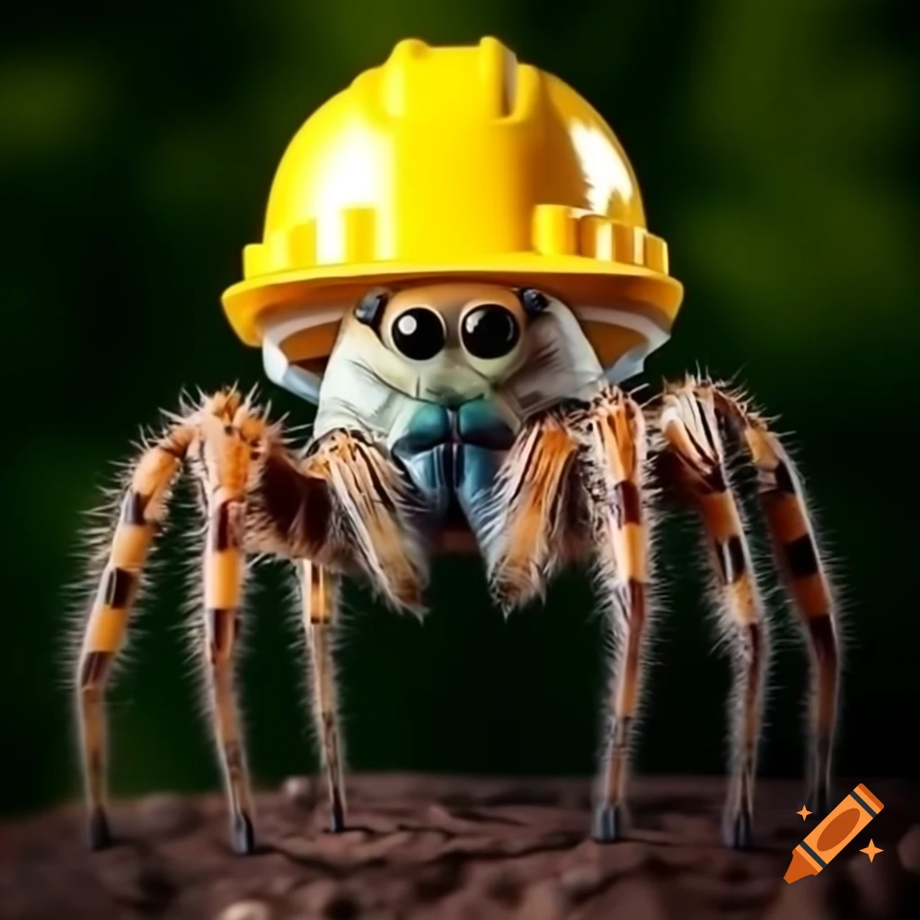 Spider wearing a hard hat, whimsical and humorous