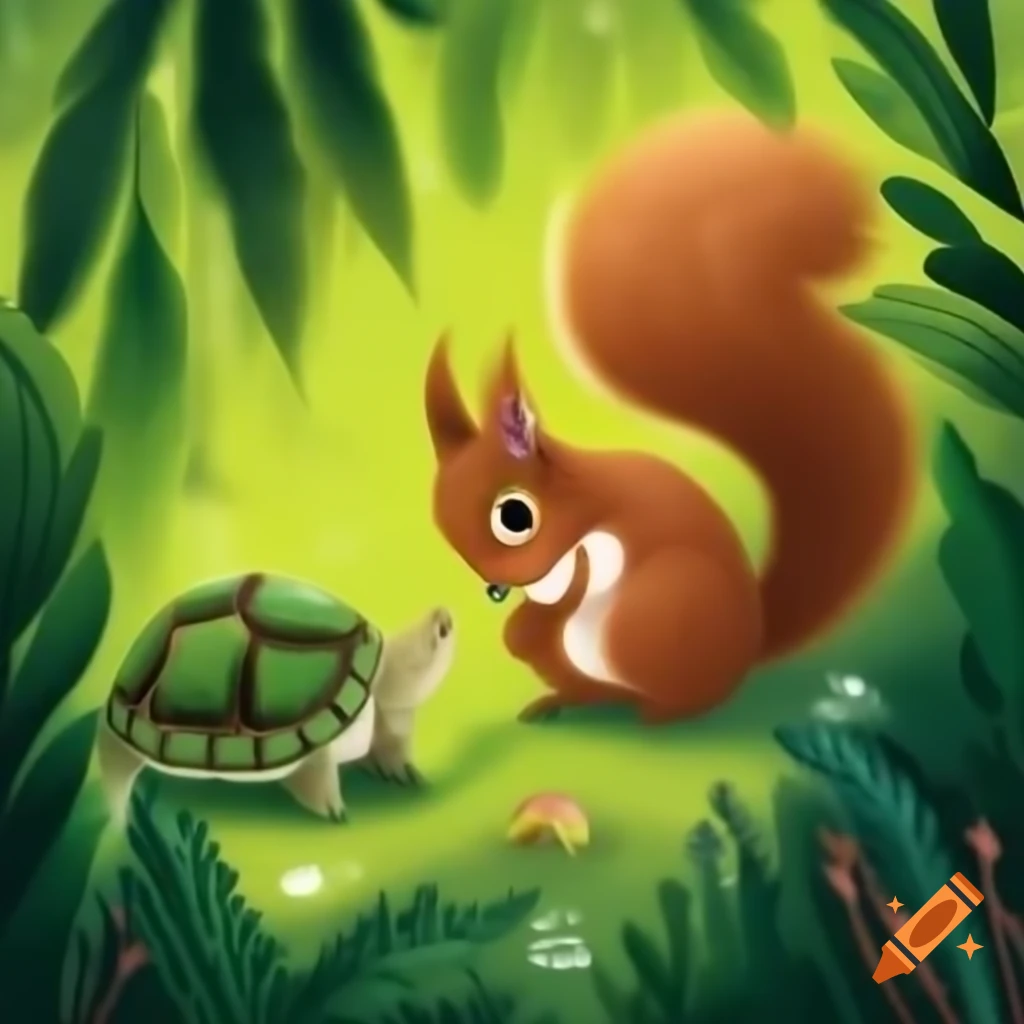 Turtle Rabbit Squirrel Sheep Squirrel and turtle meeting in a sunny green forest on Craiyon