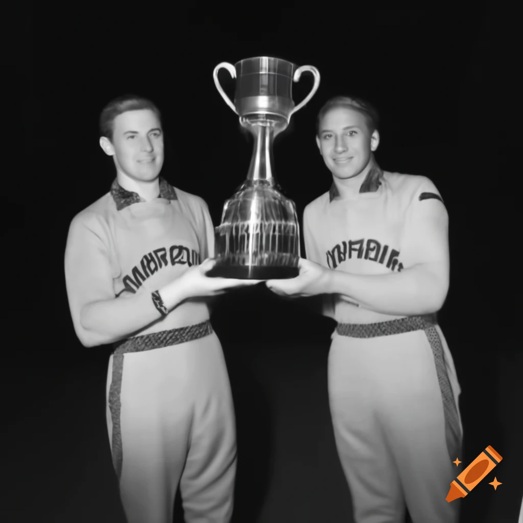 Two men celebrating on podium holding trophy