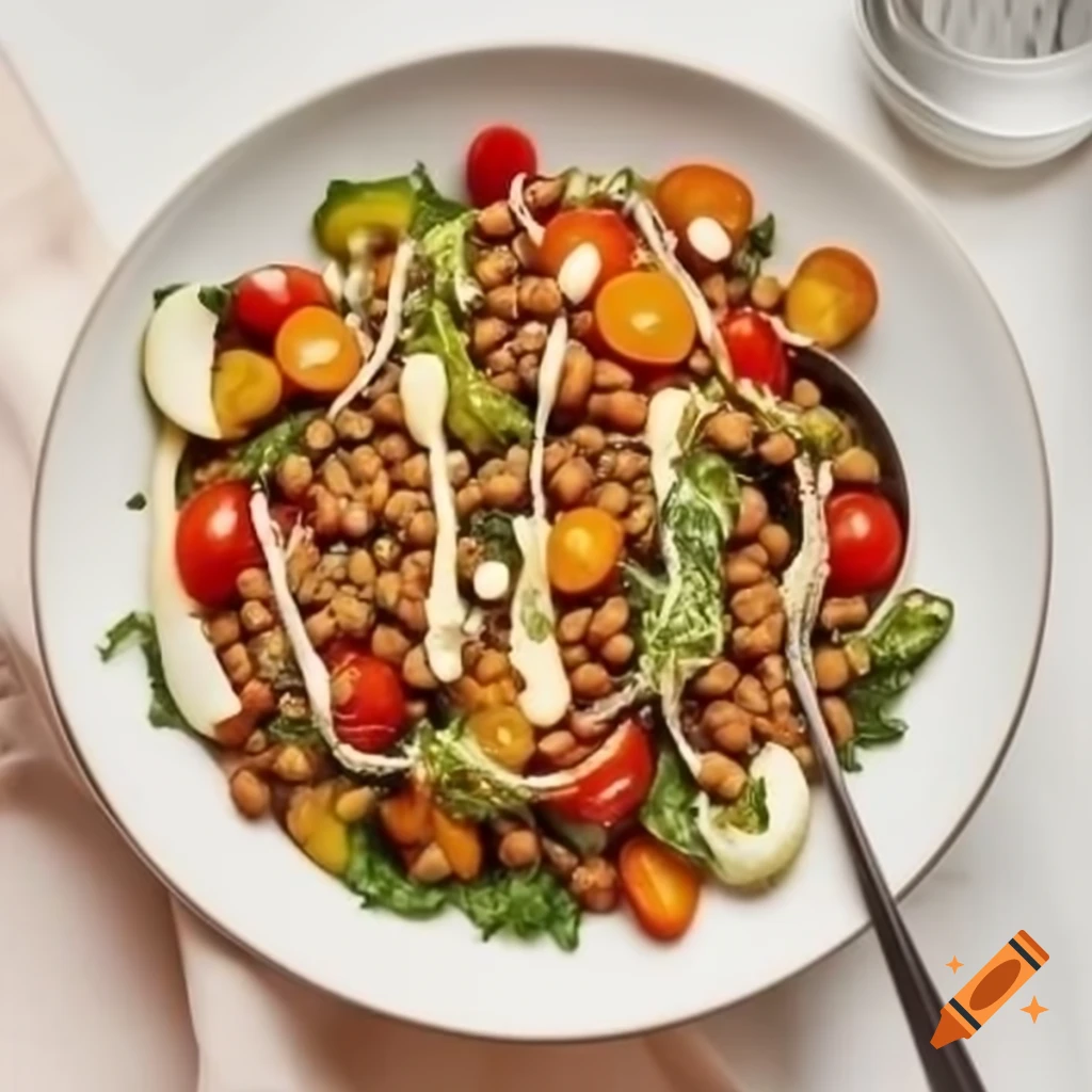 Lentil salad with seasonal vegetables and tahini dressing