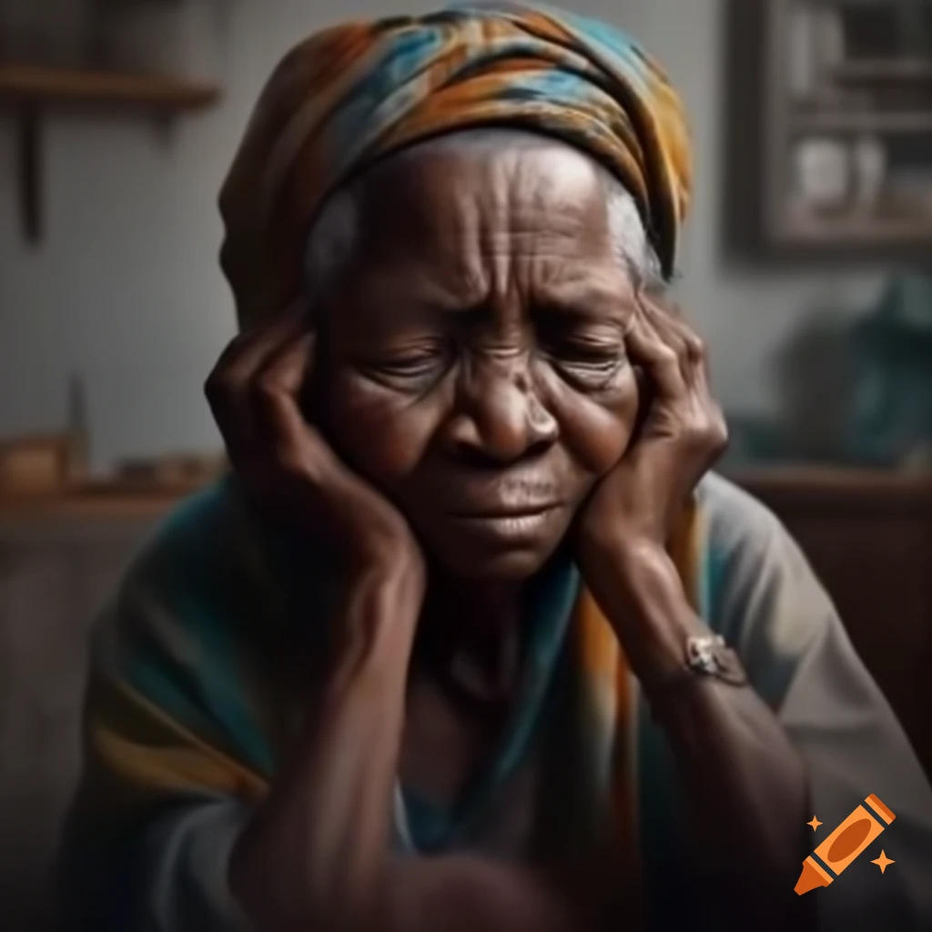 Middle-aged African woman in head scarf with sad expression in messy apartment