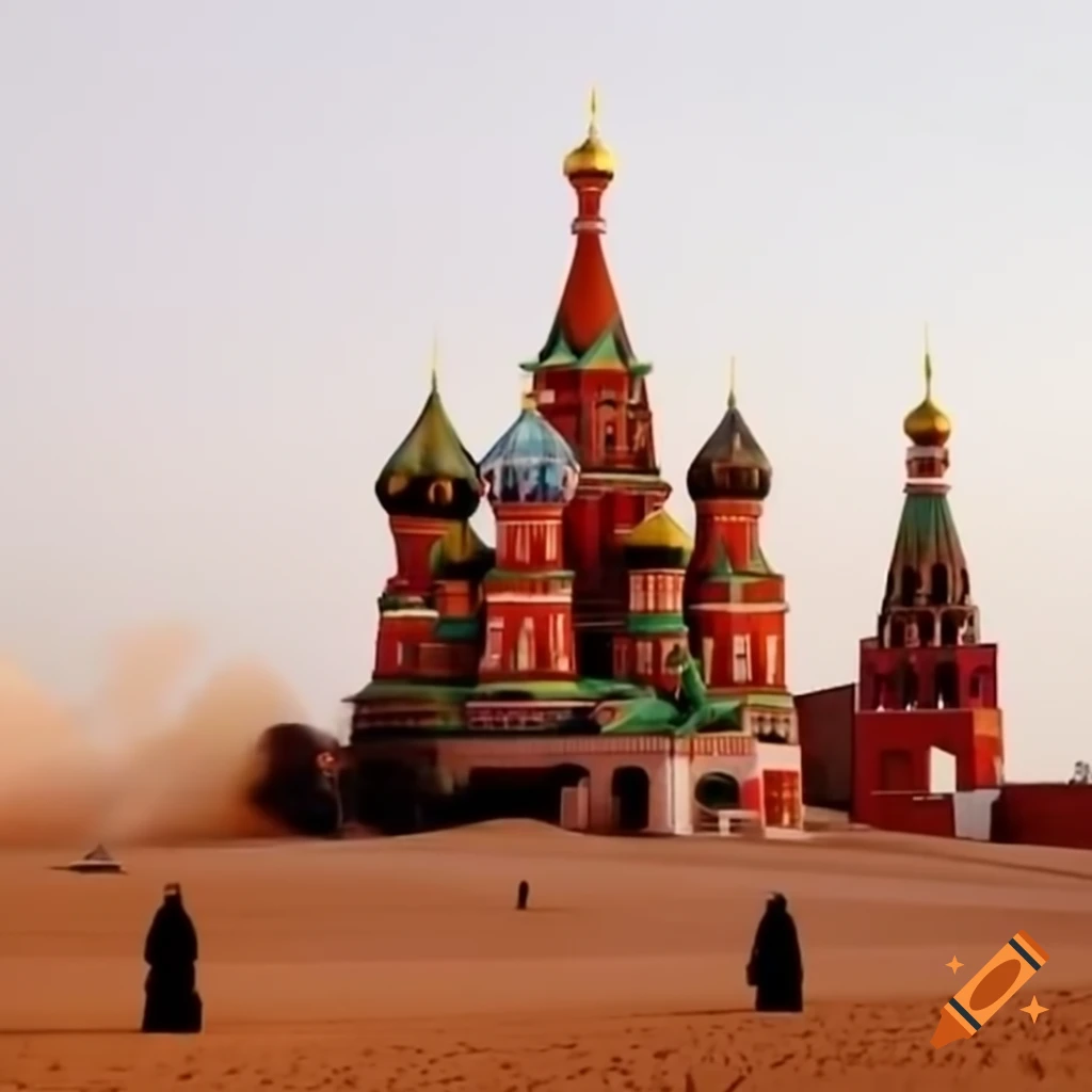 Post-apocalyptic Kremlin surrounded by mutants and vultures in a desert setting
