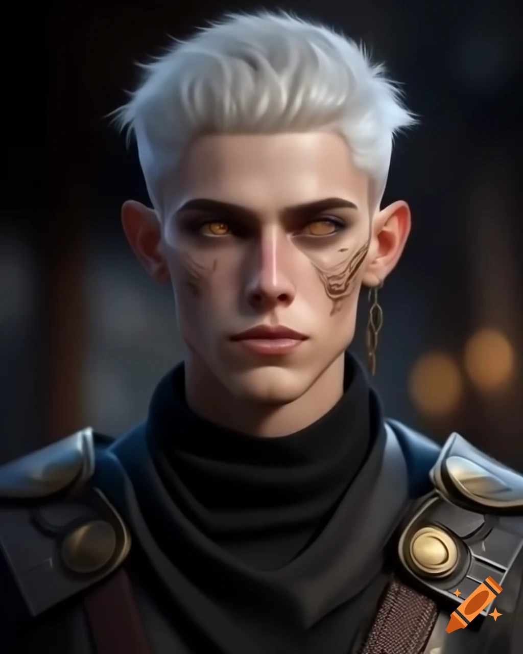 Young man with white hair and golden eyes in stylish black leather ...